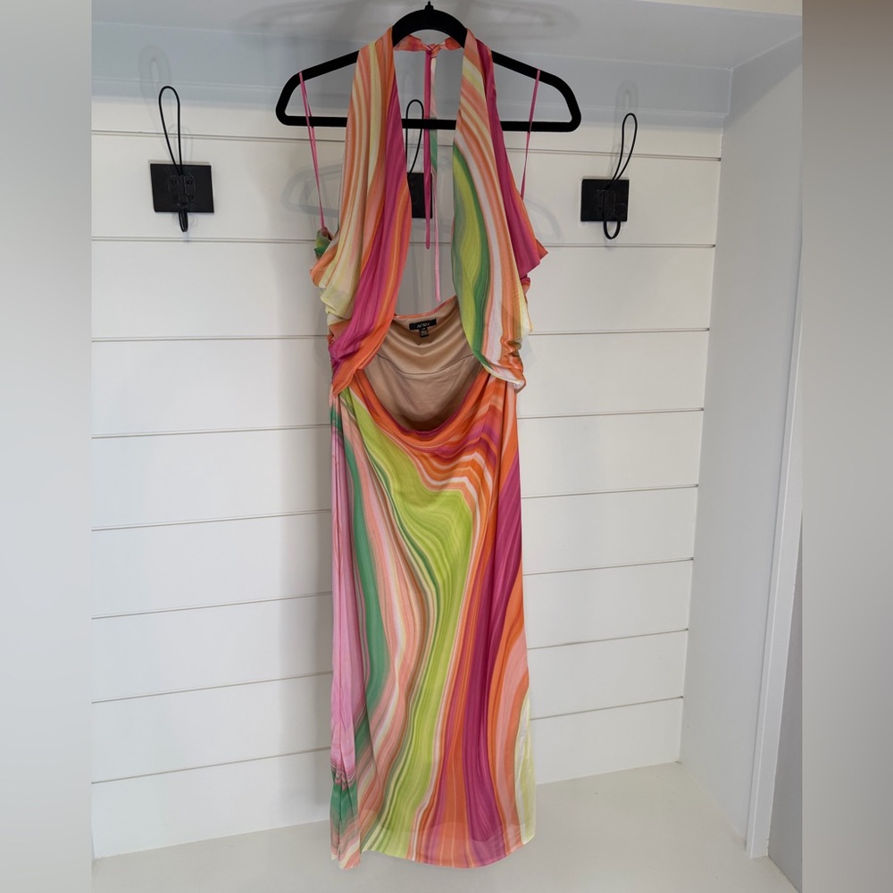 AFRM Multicolor Halter Midi Dress in Pink, Green & Orange (REVOLVE) size. Large